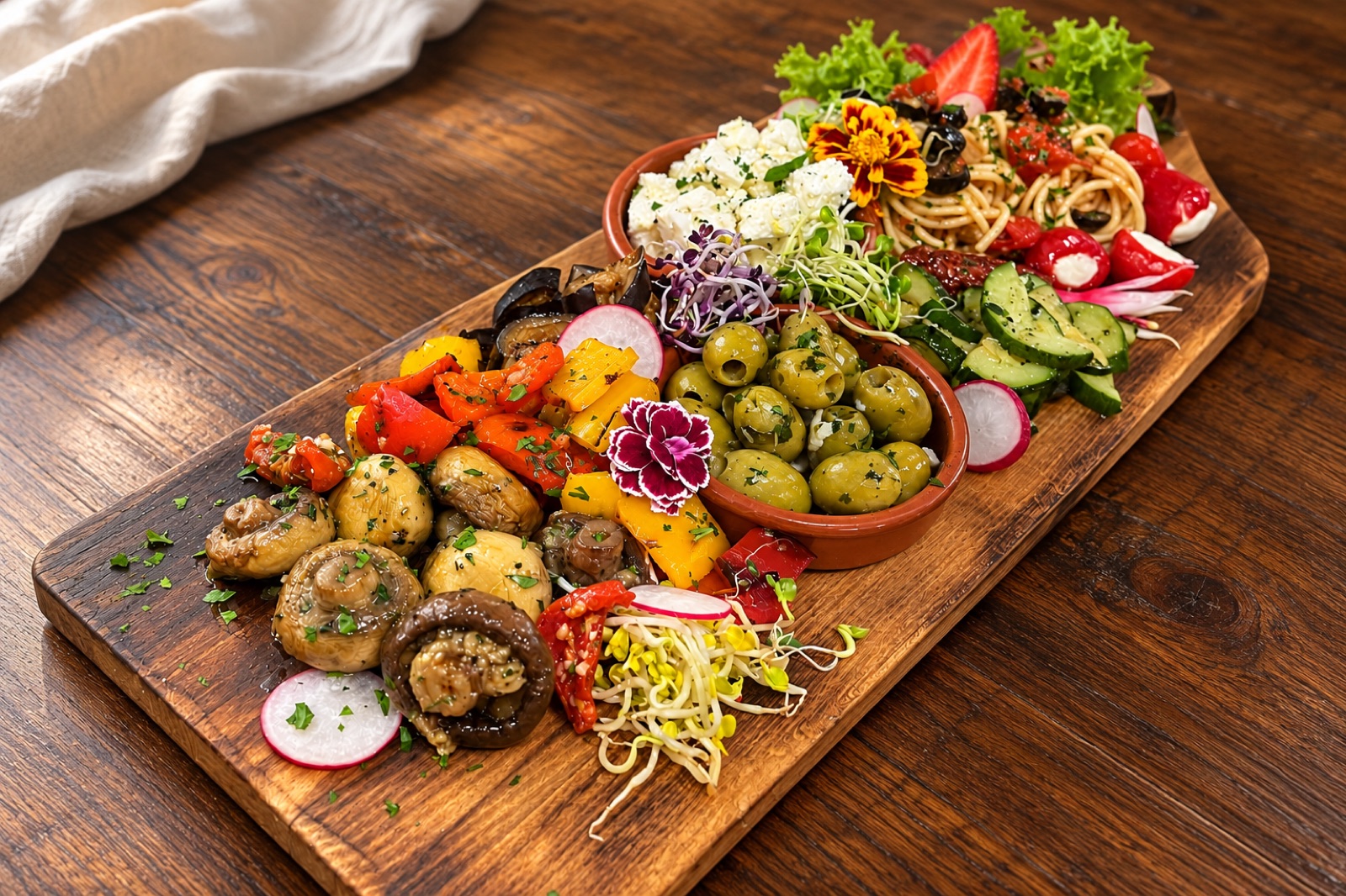 Antipasti und Gemüse in Schalen auf einem Holzbrett