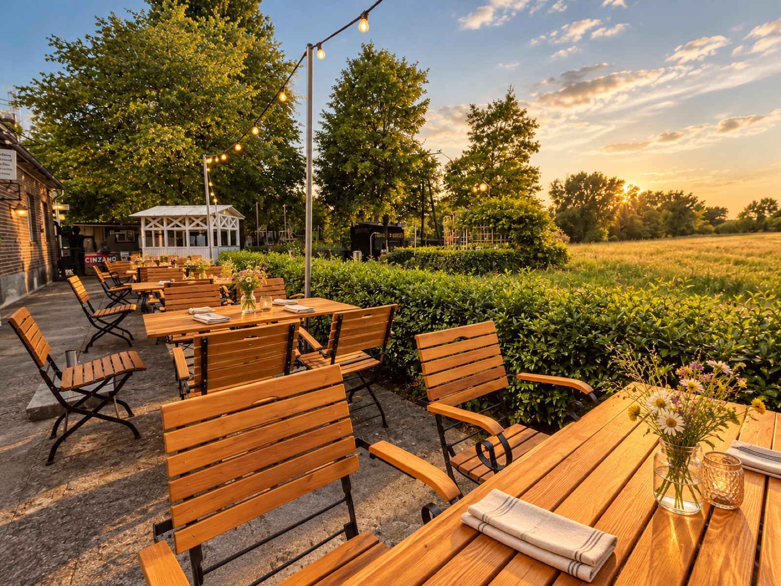 Holztische im Biergarten mit Blick ins Grüne