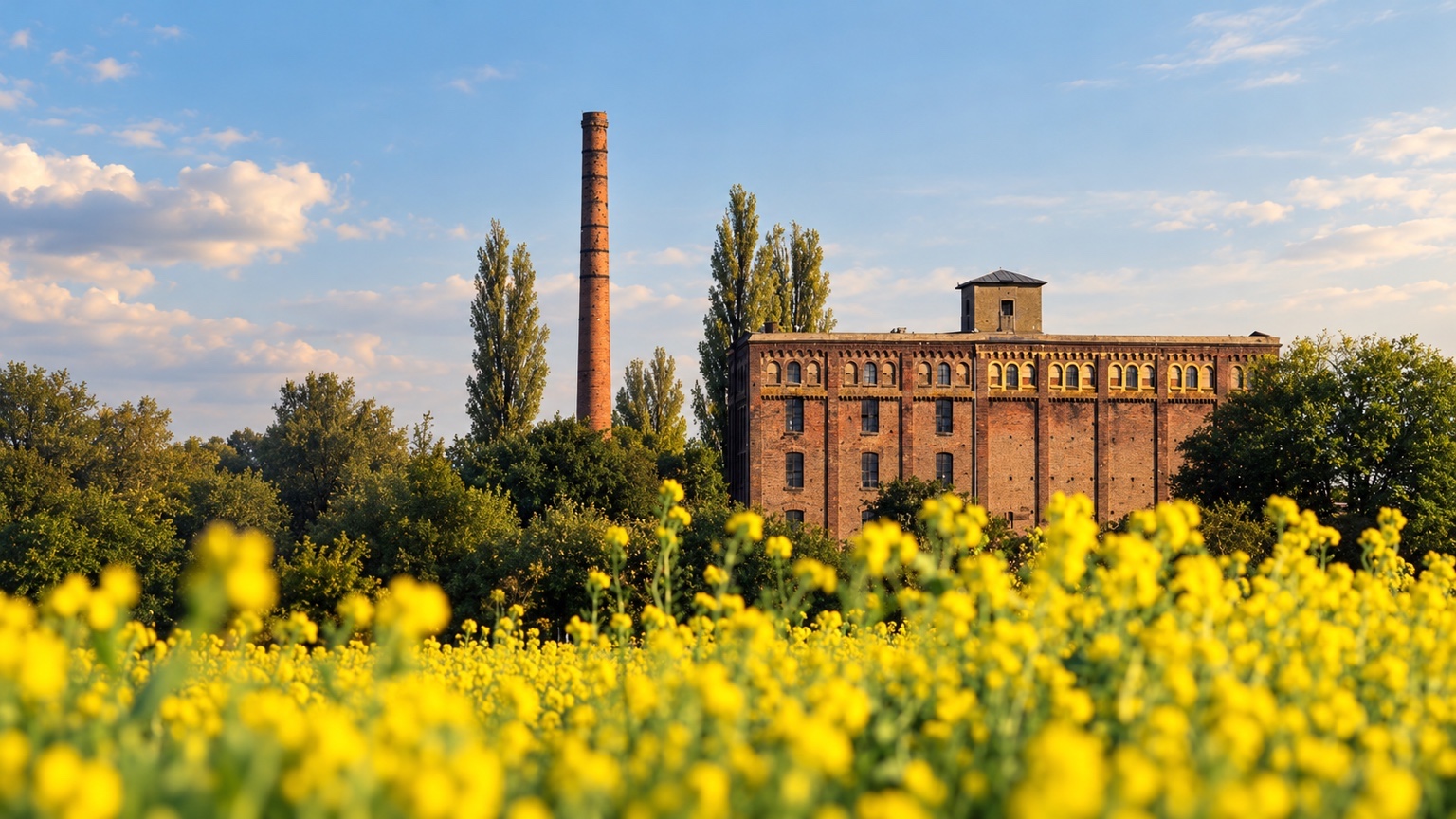 Viller Mühle mit Backsteinfassade und Schornstein hinter gelben Blüten bei warmem Abendlicht